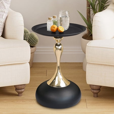 CERBIOR Modern Round Side Table with Gold Pedestal Base, Black Metal Top, Accent Drink Table for Living Room