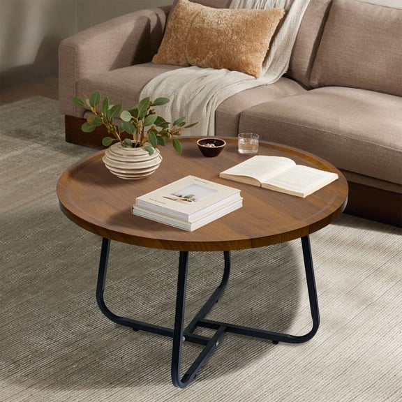CERBIOR Vintage Modern Small Round Coffee Table, Living Room Centerpiece, Wooden Surface Top & Sturdy Metal Legs, Minimalist Display Side Table