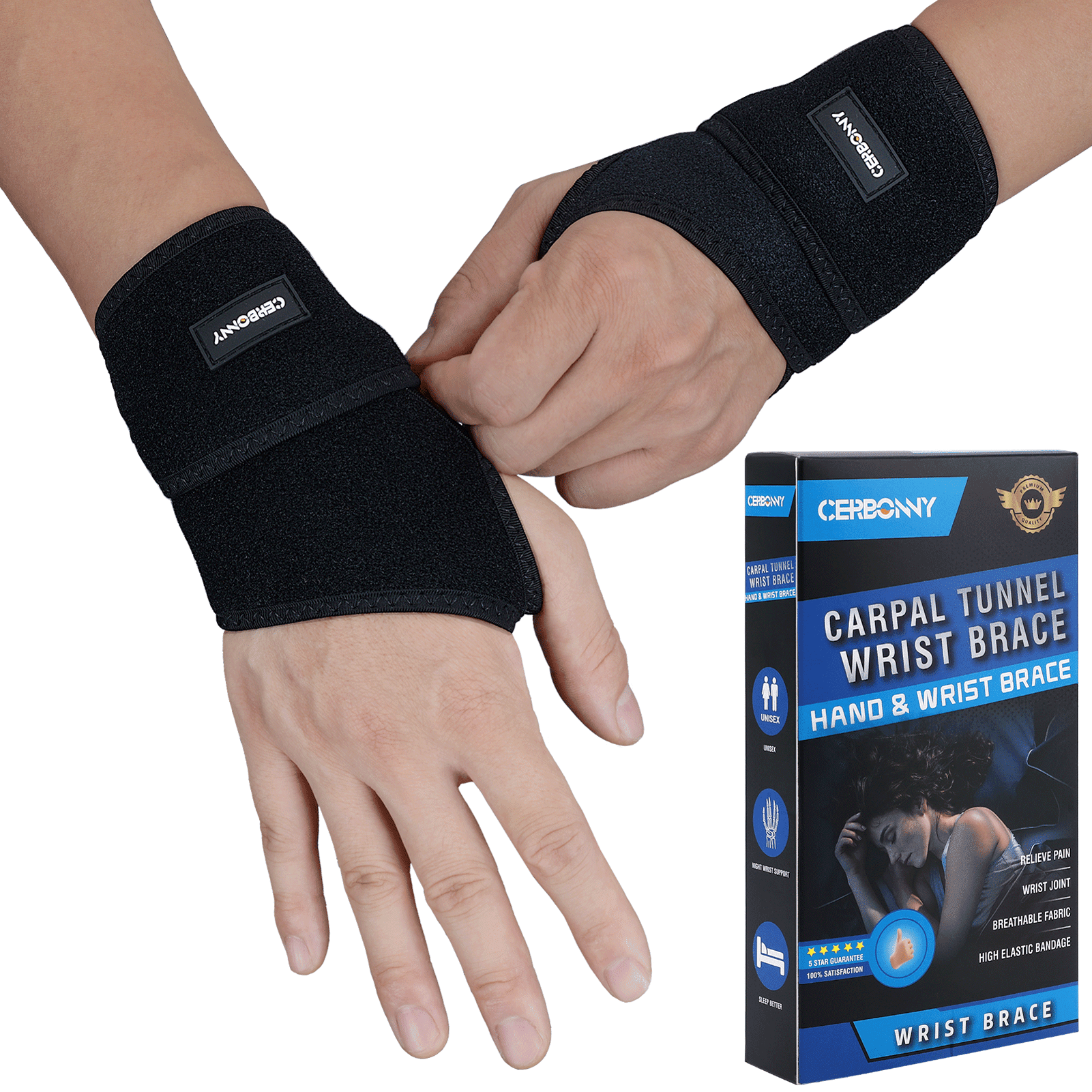 CERBONNY Carpal Tunnel Wrist Brace ,2Pack Wrist Support Brace Adjustable  Wrist Strap Reversible Wrist Brace for Sports Protecting/Tendonitis Pain