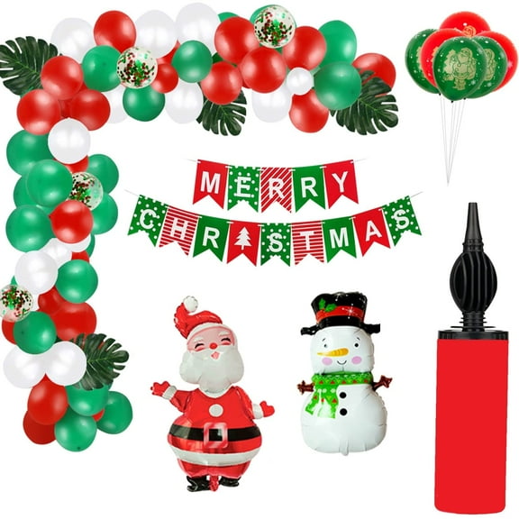 101 Pieces Christmas Decoration Set with Balloon Pump - Santa Claus & Snowman Balloons, Merry Christmas Banner, Balloon Arch, Red and Green Holiday Balloons
