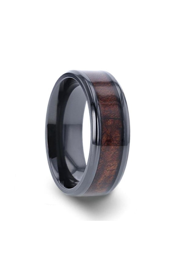 CERISE Redwood Inlaid Black Ceramic Ring with Beveled Edges - 8mm