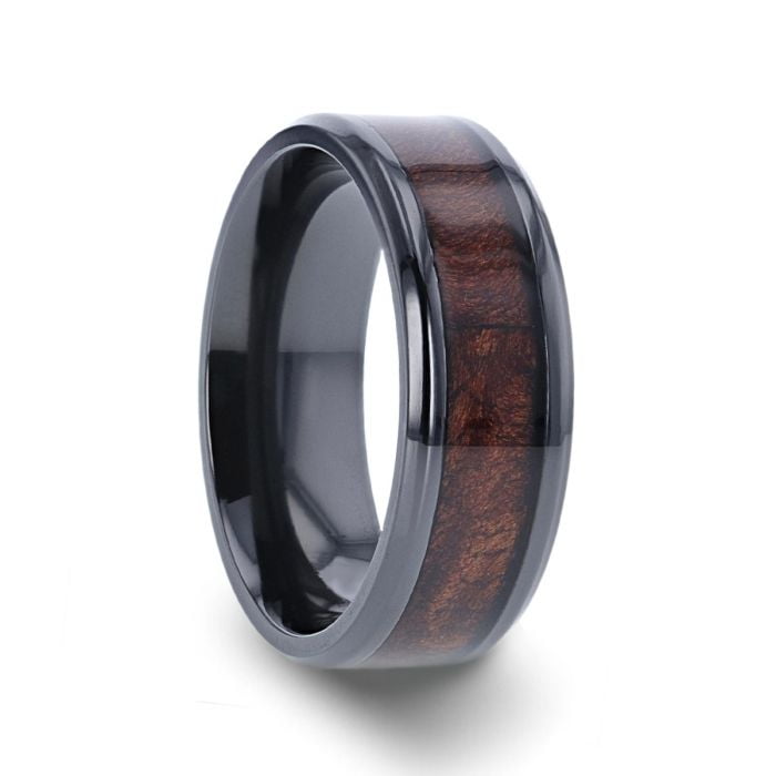 Thorsten CERISE Redwood Inlaid Black Ceramic Ring with Beveled Edges - 8mm Thorsten CERISE Redwood Inlaid Black Ceramic Ring with Beveled Edges - 8mm