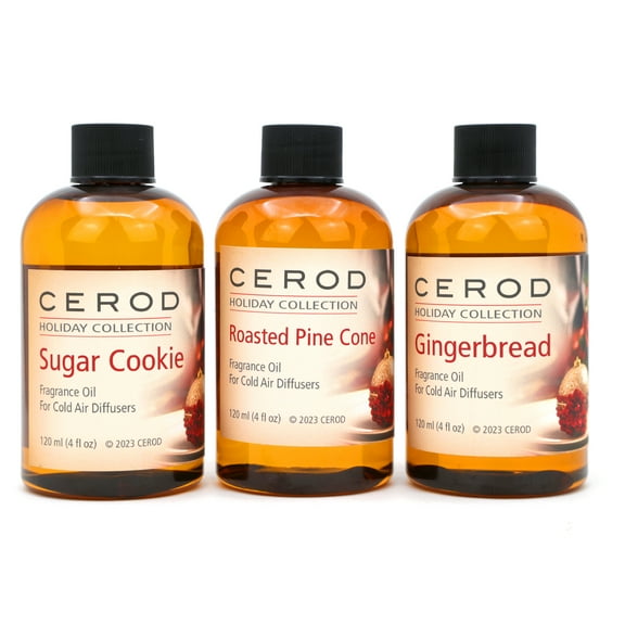 CEROD  Holiday Collection Scents Set (3) - Diffuser Oil for Cold Air Waterless Diffusers - Roasted Pine Cone, Gingerbread, Sugar Cookie - Aromatherapy Essential Oil Scents for Home & Office (3)