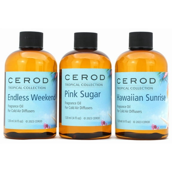CEROD Tropical Collection Scents Set (3) - Diffuser Oil for Cold Air Waterless Diffusers - Pink Sugar, Hawaiian Sunrise, Endless Weekend- Aromatherapy Essential Oil Scents for Home & Office (3)