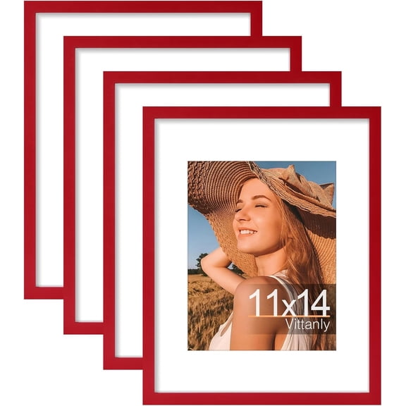 CERPXFF-11x14 Picture Frame Set of 4, Display Pictures 8x10 with Mat or 11x14 without Mat, Gallery Wall Frame Set for Wall or Tabletop Display, Engineered Wood with Shatter Resistant Plexiglass, Red