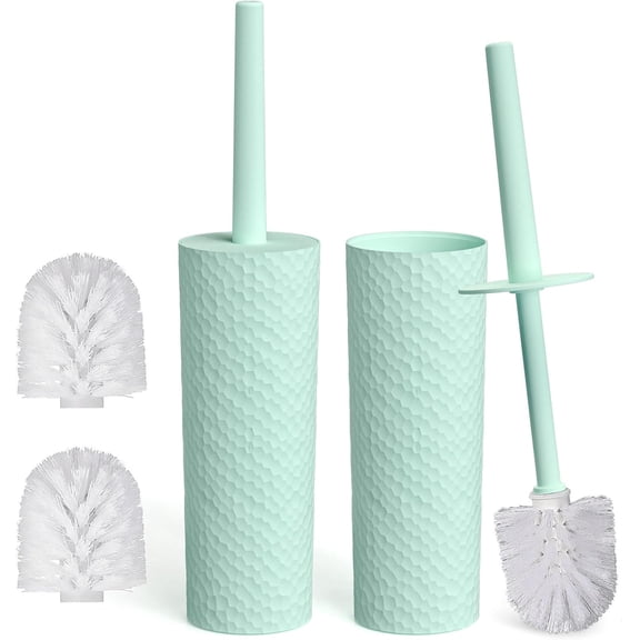 CERPXFF-2 Pack Compact Toilet Brush & Holder Set, Plastic Round Barrel Loo Brush with 2 Replacement Toilet Brush Head, Durable for Bathroom Toilet, Green