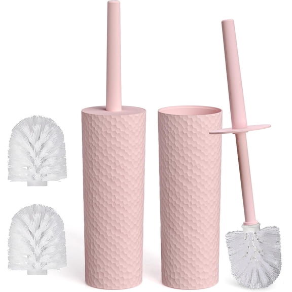 CERPXFF-2 Pack Compact Toilet Brush & Holder Set, Plastic Round Barrel Loo Brush with 2 Replacement Toilet Brush Head, Durable for Bathroom Toilet, Pink
