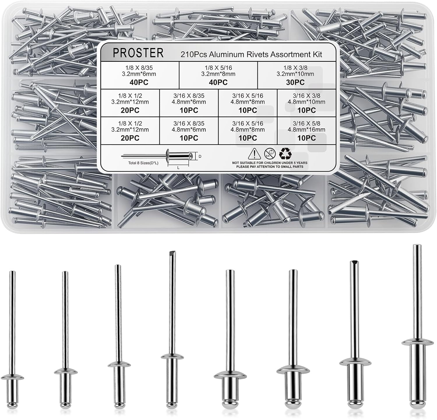 CERPXFF-210PCS Aluminum Blind Rivets Assortment Kit - 8 Most Common ...
