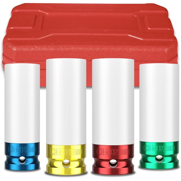 CERPXFF-4-Piece 1/2 Inch Drive Wheel Nut Impact Socket Sets, CR-MO Steel 6-Point Thin-Wall Socket, Color-Coded Protective Sleeve, Metric 17-19-21-22mm Hub Socket Set