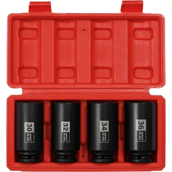 CERPXFF-4PCS 1/2" Drive Deep Impact Socket Set, CR-MO, 12 Point, Metric, Deep Spindle Axle Nut Impact Socket Set-30mm, 32mm, 34mm, 36mm