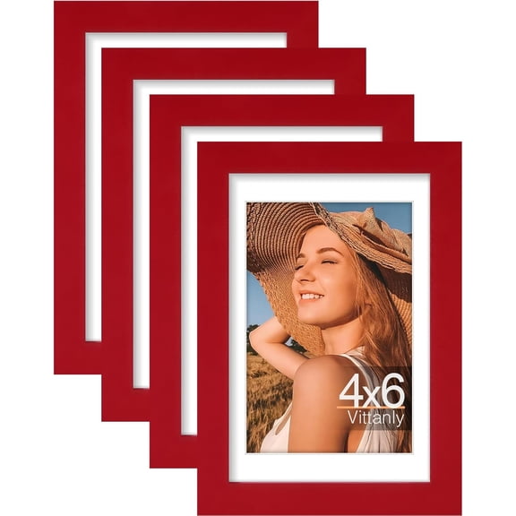 CERPXFF-4x6 Picture Frame Set of 4, Display Pictures 3.5x5 with Mat or 4x6 without Mat, Small Photo Frames for Wall or Tabletop Display, Engineered Wood with Shatter Resistant Plexiglass, Red