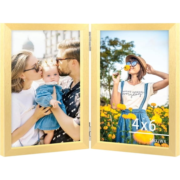 CERPXFF-4x6 Picture Frames Double Gold Photo Frame Folding Vertical Stand Display Side by Side