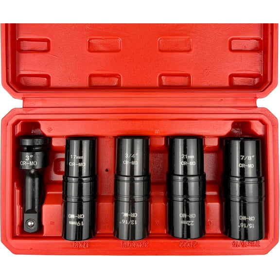 CERPXFF-5PCS 1/2" Drive Impact Socket Set,Flip Socket Set,Metric17x1921x22 mm & SAE3/4x13/16,7/8x15/16in) with 3 Extension Bar,Cr-Mo SteelDouble Ended Thin Wall Nut Sockets