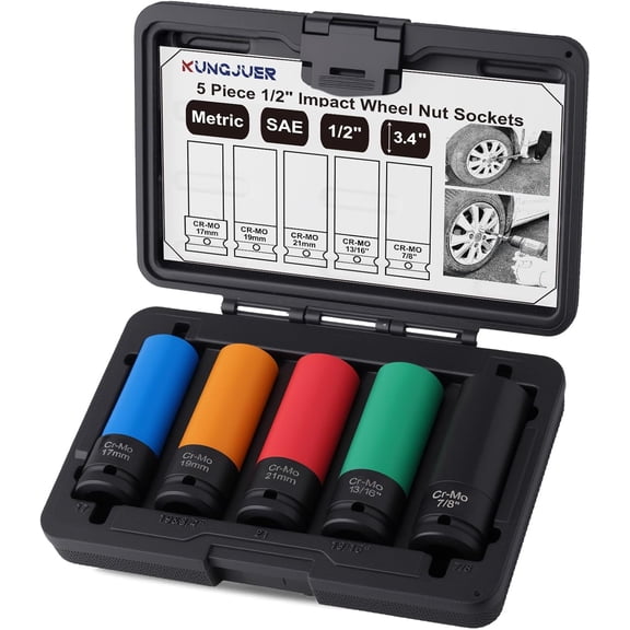 CERPXFF-5PCS 1/2" Drive Lug Nut Socket Set, Metric 17mm 19mm 21mm and SAE 13/16", 7/8", Impact Socket Set, Thin Wall Deep Socket Set with Colored Protective Sleeves, 6 Point, Non-Marring