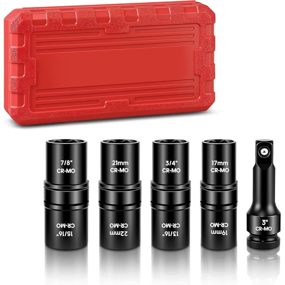 CERPXFF-5Pcs 1/2" Drive Flip Lug Nut Socket Set, Double Ended Thin Wall Impact Sockets, Metric 17/19/21/22mm & SAE 3/4"/13/16"/7/8"/15/16", with 3 Extension Bar, CR-MO Steel