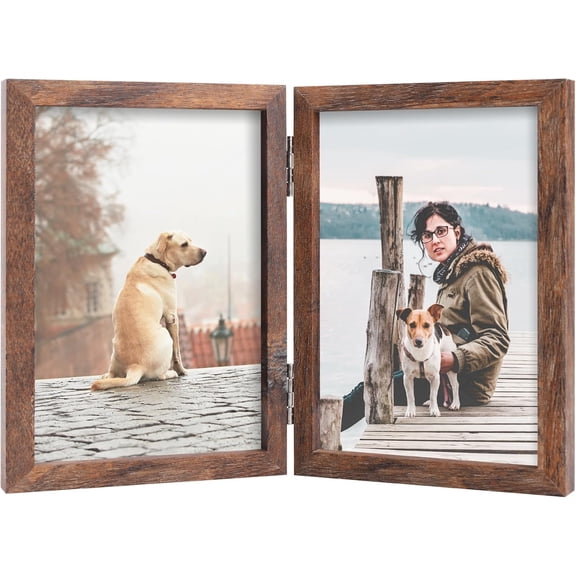 CERPXFF-5x7 Double Picture Frame Wooden Hinged Photo Frame Definition Glass Stand Vertically on Desktop or Tabletop Rustic Wood