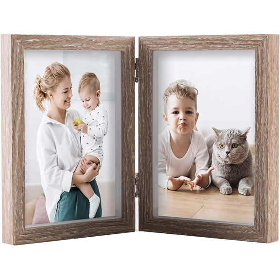 CERPXFF-5x7 Double Picture Frames Hinged Wood Folding Picture Frames Vertically Display, Real Glass Front