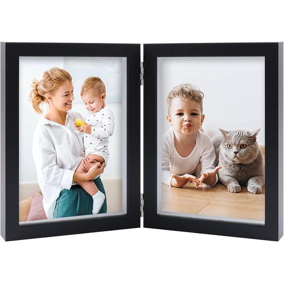 CERPXFF-5x7 Double Picture Frames Hinged Wood Folding Picture Frames Vertically Display with Real Glass Front, Black