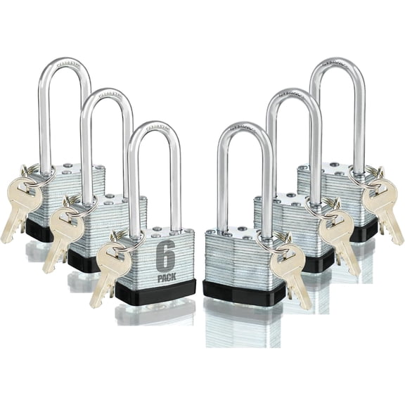 CERPXFF-6 Keyed Alike Padlocks with 12 Keys, 40mm Heavy-Duty Padlocks with Same Keys Long Shackle Durable Hardened Steel for Gate Fence Toolbox School Gym(1.7 * 3.7inch)