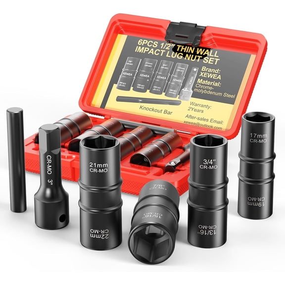 CERPXFF-6PCS Lug Nut Impact Socket Set, 1/2" Drive 8-IN-4 Flip Socket Design Metric 17 19 21 22 mm & SAE 3/4 13/16 7/8 15/16 in,Dual-End Thin Wall Nut Sockets with 3" Extension Bar & Knockout Bar