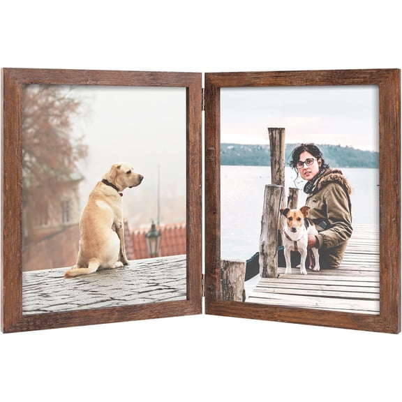 CERPXFF-8x10 Double Picture Frame Wooden Hinged Photo Frame Definition Glass Stand Vertically on Desktop or Tabletop Rustic Wood