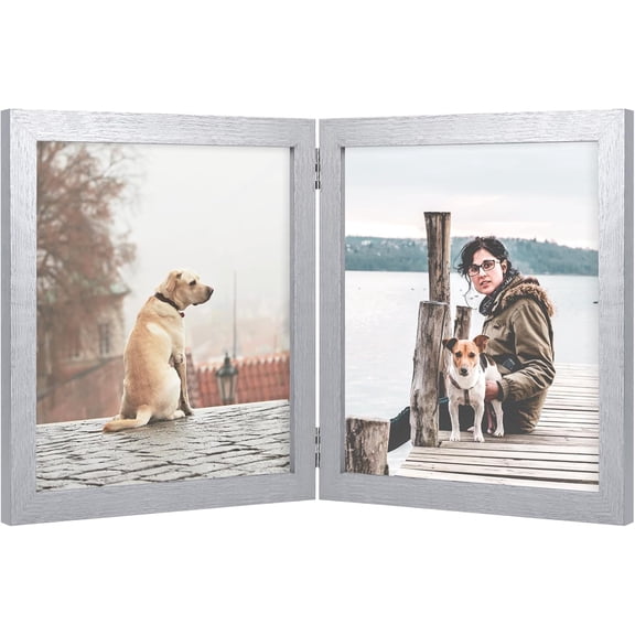 CERPXFF-8x10 Double Picture Frame Wooden Hinged Photo Frame Definition Glass Stand Vertically on Desktop or Tabletop Silver