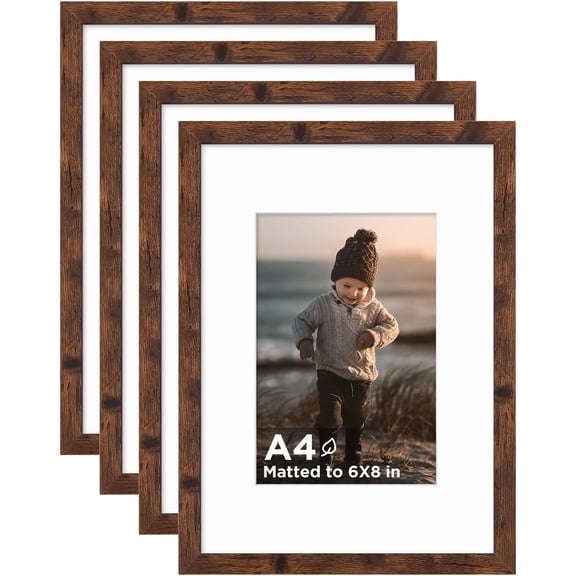CERPXFF-A4 Frame Set of 4, Wooden 8.3 x 11.7 Frame with Plexiglass for A5 Picture with Mat or A4 Without Mat, for Wall and Tabletop Display Diploma Certificate Degree, a4 Picture Frames Rustic Brown