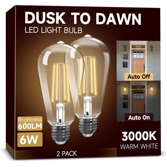 CERPXFF-Dusk to Dawn Light Bulbs: Outdoor Light Bulbs, 6W Equivalent 60W Edison Bulbs, 3000K Warm White, Vintage 600LM LED Outdoor Lighting, E26 Base, Photocell Sensor, Automatic Bulb for Porch Patio