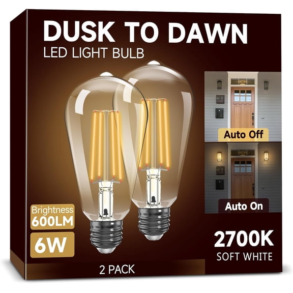 CERPXFF-Dusk to Dawn Light Bulbs, Outdoor Light Bulbs, ST64 6W Equivalent 60W, 2700K Soft White, 600LM LED Outdoor Lighting, E26 Base, Photocell Sensor, Auto On/Off Bulb for Porch Patio Garage, 2 Pac