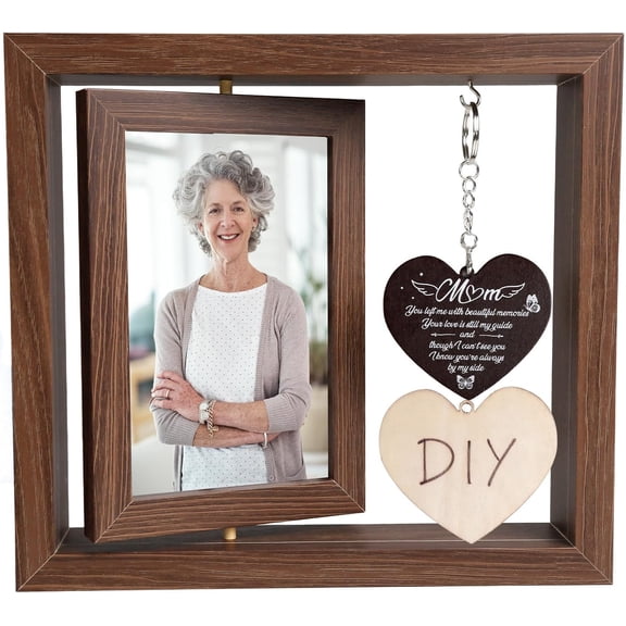 CERPXFF-In Loving Memory Picture Frame for Mom, Rotating Memorial Frame with 2 Heart Pendants, Wooden Bereavement Sympathy Gifts for Loss of Mother, Fits 4x6 Inch Photo