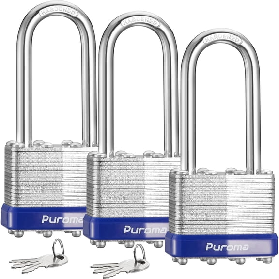 CERPXFF-Lock 3 Pack Padlocks, 2 Long Shackle Heavy-Duty Locks with 6 Keys, 40mm Hardened Steel Keyed Alike Padlocks for Sheds, Gates, Fences, Toolbox, Outdoor and Indoor UseSilver