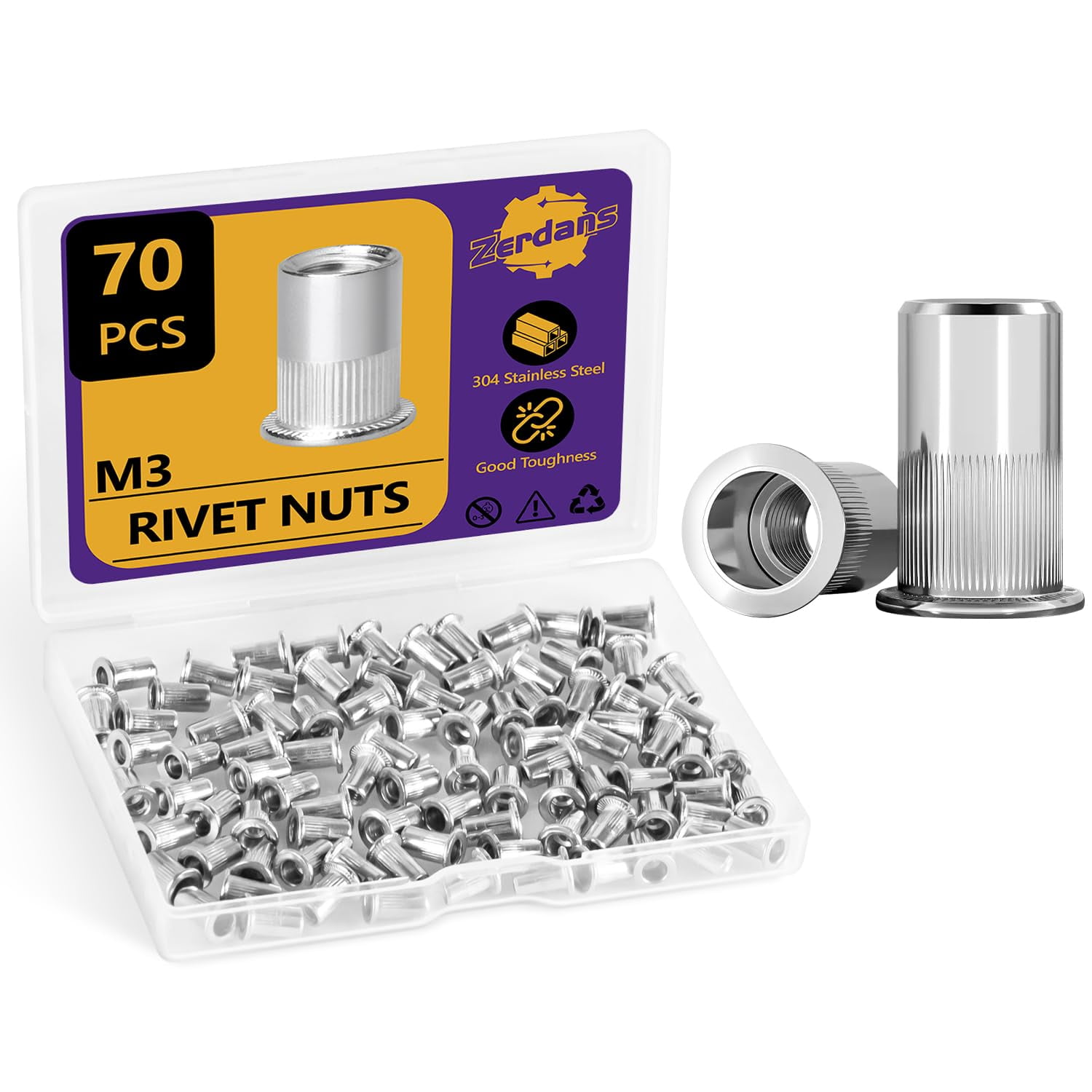 CERPXFF-M3 Rivet Nut, 70PCS Metric 304 Stainless Steel Rivets Flat Head ...