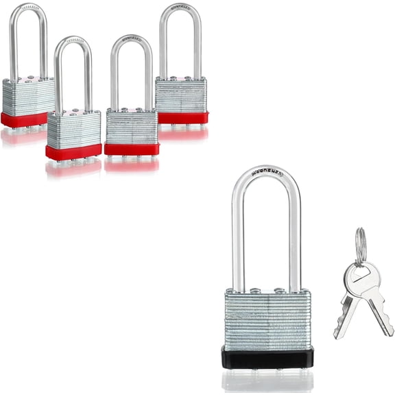 CERPXFF-Pack of 4 Keyed-Alike Padlocks with Same Keys 3.7 * 1.7icnh Long Shackle Hardened Steel Padlock with 8 Keys for Sheds Gates Fences Toolbox