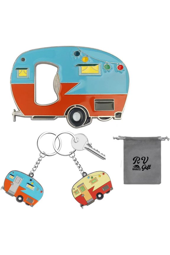 -Rv Keychain 2 Pack and Magnetic Beer Bottle Opener for Fridge with Cap Catcher, Great Camper Gift Set for Camper Lovers, Girlfriend, Boyfriend, Father