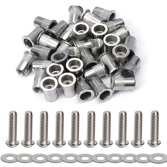 CERPXFF-Stainless Steel 1/4-20 Rivet Nuts and Bolts 3/4" Button Head Socket Cap Screws 1/4-20 Flat Washers Rivnut Threaded Nutsert 30-Set