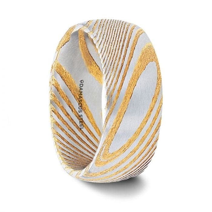 Thorsten CERSEI Gold Domed Brushed Damascus Steel Men’s Wedding Band with Vivid Etched Design - 6mm & 8mm Thorsten CERSEI Gold Domed Brushed Damascus Steel Men’s Wedding Band with Vivid Etched Design - 6mm & 8mm