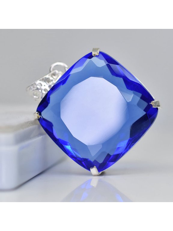 CERTIFIED Blue Tanzanite Square Cushion 91 Ct Lab Created Pendant Gems Free Gift