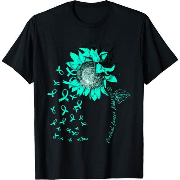 CERVICAL CANCER AWARENESS Sunflower Teal Ribbon T-Shirt