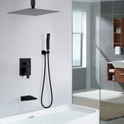 CERYPSA Matte Black 12 inches Rain Shower Faucet Sets with Waterfall Tub Spout and Handheld Shower Head