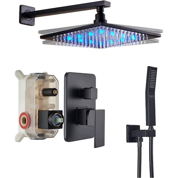 CES 12 inches LED Rainfall Shower Head with Brass Handheld Rain Shower System Shower Faucets Sets Complete or Bathroom Rough-in Valve Body and Trim Included Matte Black