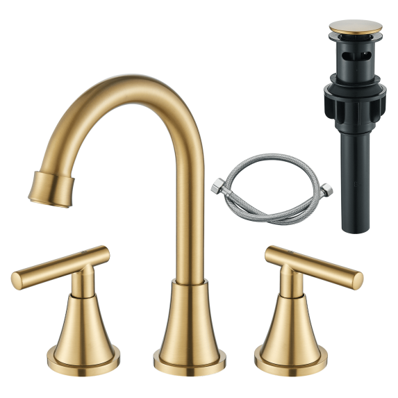 CES Bathroom Faucets for Sink 3 Hole Brushed Gold Bathroom Sink Faucet with Pop-up Drain and Supply Lines, Stainless Steel Lead-Free Widespread Faucet for Bathroom Sink Vanity RV Farmhouse Sink