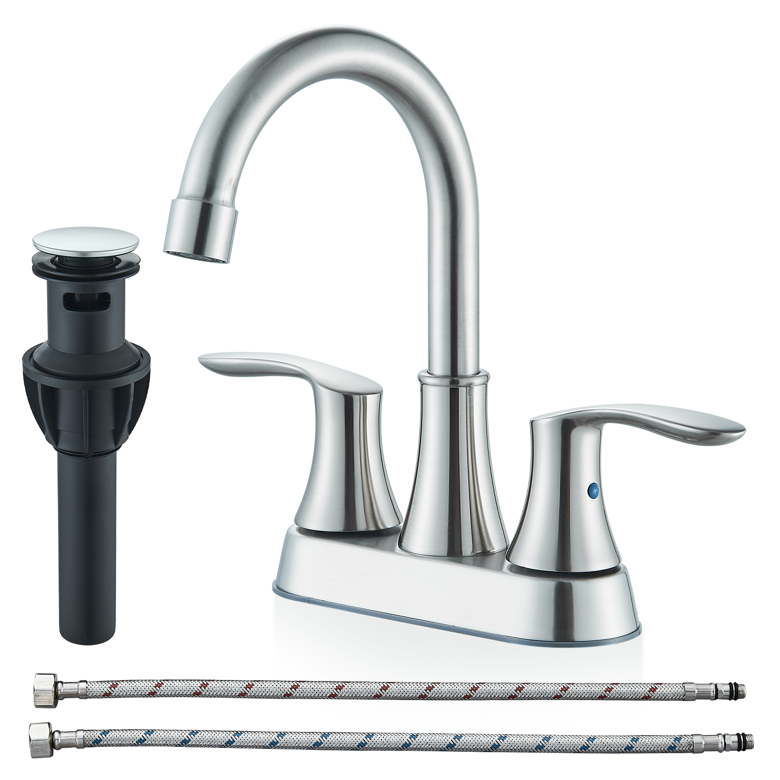 Brushed Nickel 3-Hole Widespread Bathroom Sink Faucet With Waterfall Spout & Drain