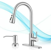 CES Kitchen Faucet with Pull Down Sprayer Brushed Nickel, High Arc Single Handle Kitchen Sink Faucet with Deck Plate, Commercial Modern rv Stainless Steel Kitchen Faucets