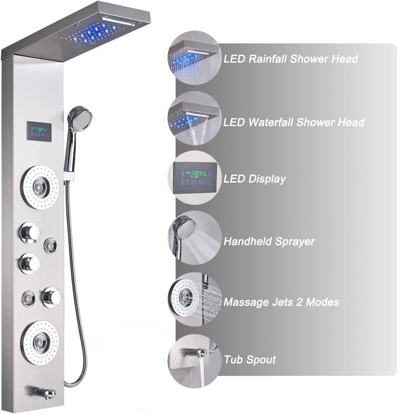 CES LED Rainfall Waterfall Shower Head with Handheld Sprayer, Wall