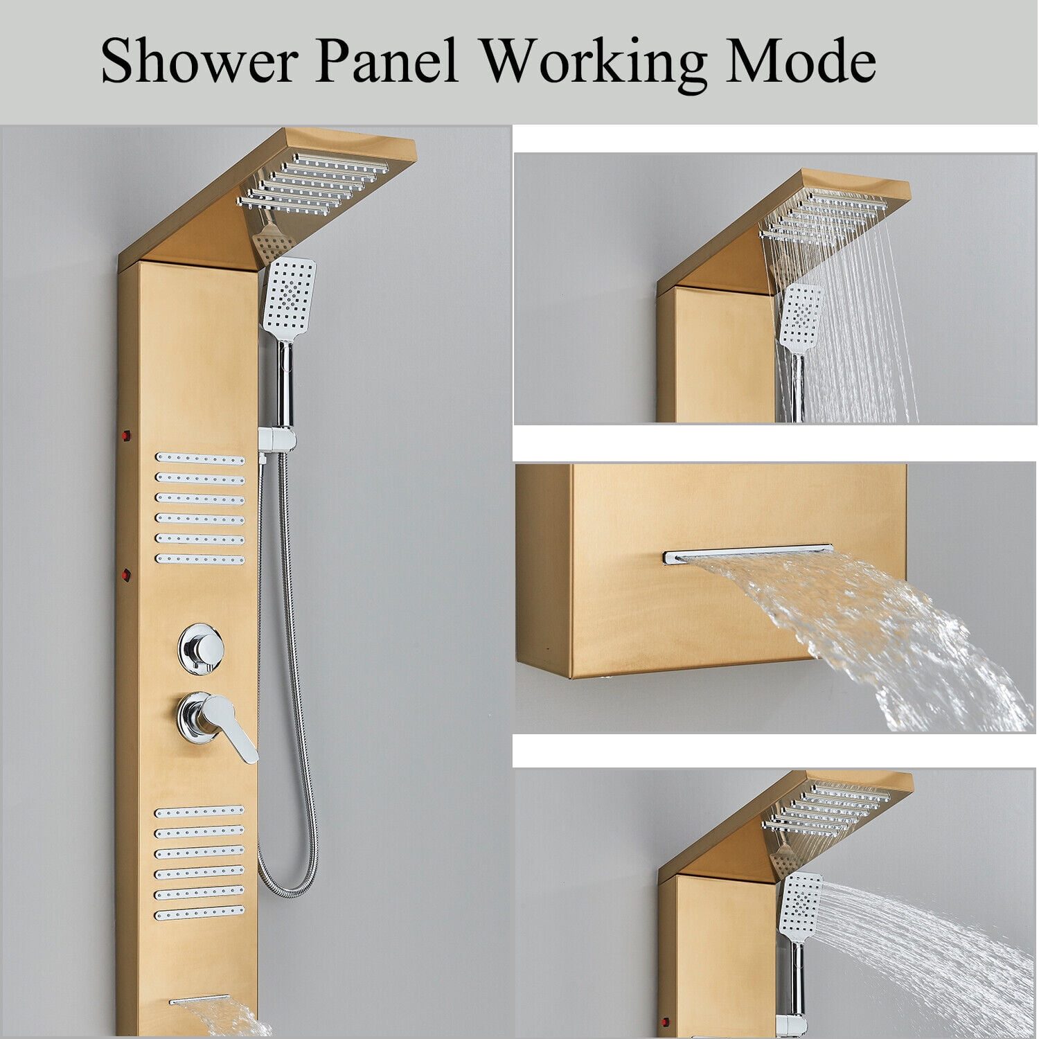 CES LED Shower Panel Tower System Rainfall Massage Jet W/Hand Shower Brushed Gold