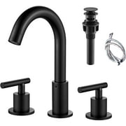 CES Matte Black Bathroom Faucet 3 Hole, 8 Inch Bathroom Sink Faucet with Metal Pop Up Drain, Widespread Two Handle Vanity Faucet with Supply Lines