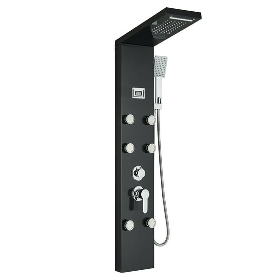 CES Shower Panel Tower System,Shower Column with Temperature Display,Rainfall Waterfall Shower Head Shower,6 Adjustable Body Jets,Handheld Shower,Wall Mount Black