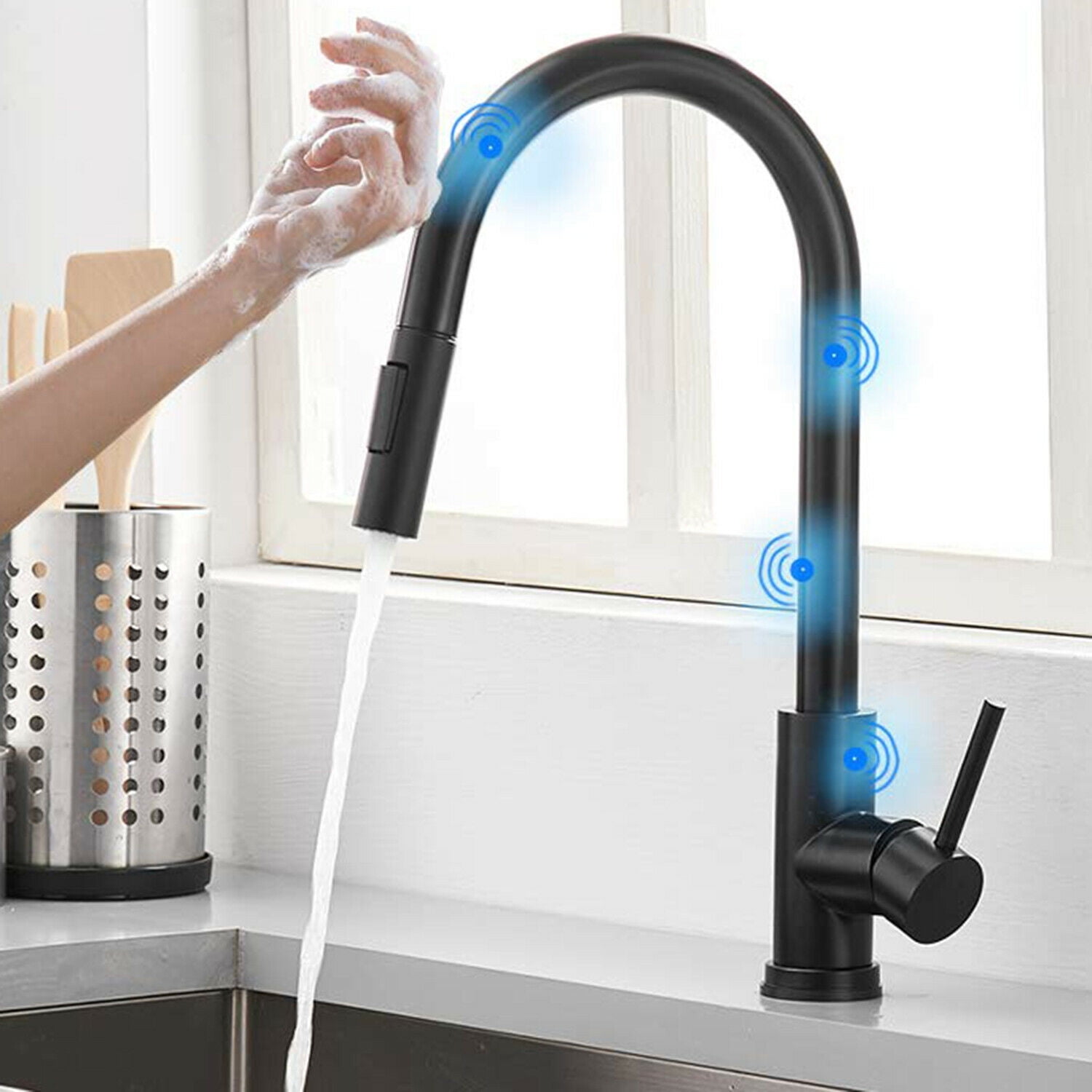 CES Matte Black Touch Activated Kitchen Faucet, Single Handle, Pull