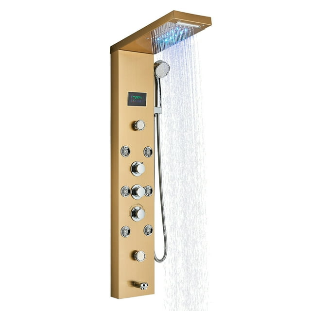 Cesinkin CES, 6 Mode LED Display, Faucet Wall Mount Showerhead & Handheld Shower, Brushed Gold