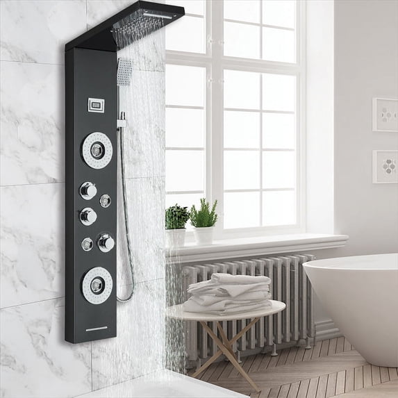 CES Wall Mounted Stainless Steel Shower Panel Tower System Black LED Rainfall Waterfall Shower Head + Handheld Sprayer + Rain Massage Body Jets + Tub Spout